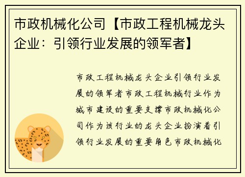 市政机械化公司【市政工程机械龙头企业：引领行业发展的领军者】