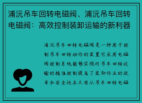 浦沅吊车回转电磁阀、浦沅吊车回转电磁阀：高效控制装卸运输的新利器